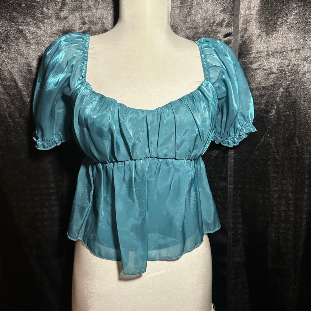 Thirty Thirty Teal Puff Sleeve Sheer Blouse